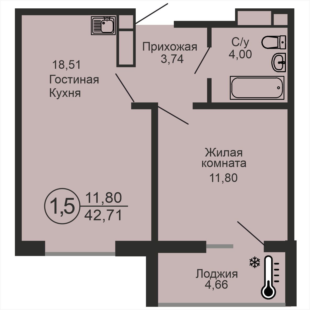 ЖК «Новое Оренбуржье», 1-комнатная квартира, 42,7 м², 10/18 эт., ул Перовского, 7