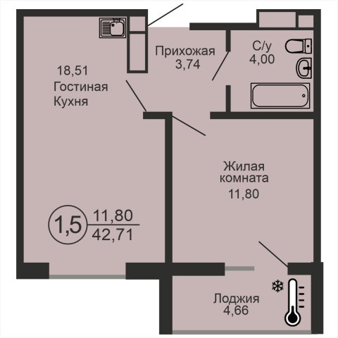 ЖК «Новое Оренбуржье», 1-комнатная квартира, 42,7 м², 10/18 эт., ул Перовского, 7