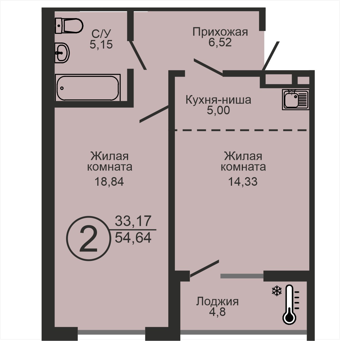 ЖК «Новое Оренбуржье», 2-комнатная квартира, 54,6 м², 2/18 эт., ул Перовского, 7