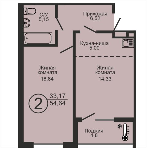 ЖК «Новое Оренбуржье», 2-комнатная квартира, 54,6 м², 2/18 эт., ул Перовского, 7