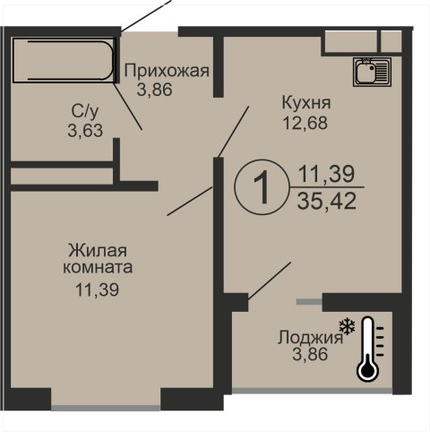 ЖК «Новое Оренбуржье», 1-комнатная квартира, 35,4 м², 16/18 эт., ул Перовского, 7
