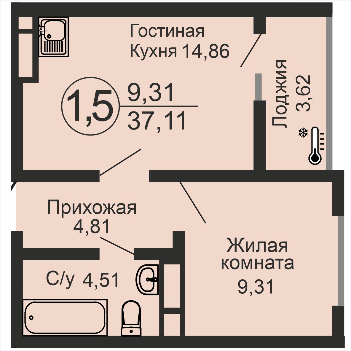 ЖК «Новое Оренбуржье», 1-комнатная квартира, 37,1 м², 1/18 эт., ул Перовского, 7