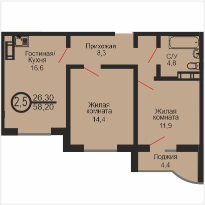 ЖК «Дубки», 2-комнатная квартира, 58,2 м², 11/17 эт., ул Эссена, 20