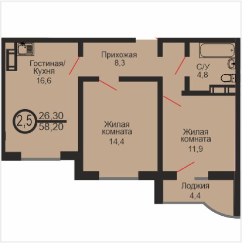 ЖК «Дубки», 2-комнатная квартира, 58,2 м², 11/17 эт., ул Эссена, 20