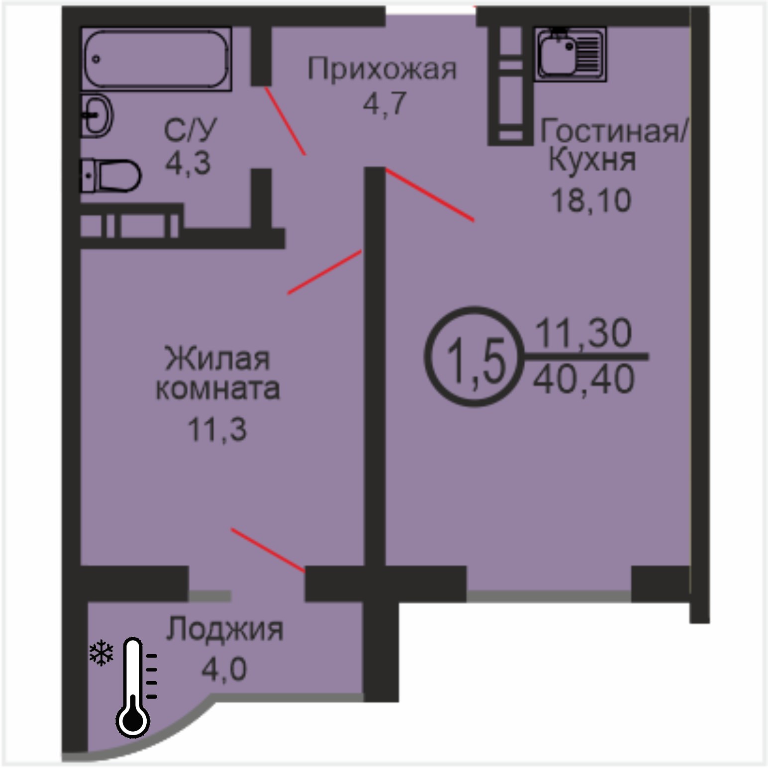 ЖК «Дубки», 1-комнатная квартира, 40,4 м², 5/17 эт., ул Эссена, 25