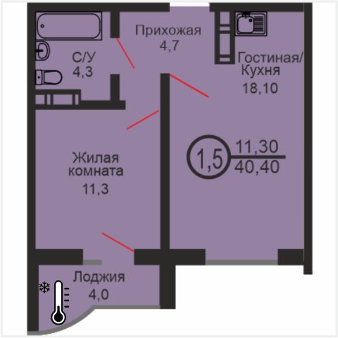 ЖК «Дубки», 1-комнатная квартира, 40,4 м², 5/17 эт., ул Эссена, 25