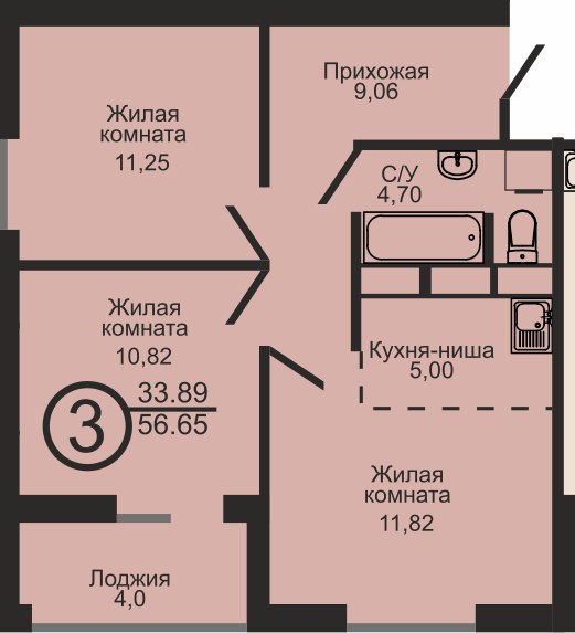 ЖК «Капитал», 3-комнатная квартира, 56,7 м², 17/18 эт., ул Пролетарская, 2