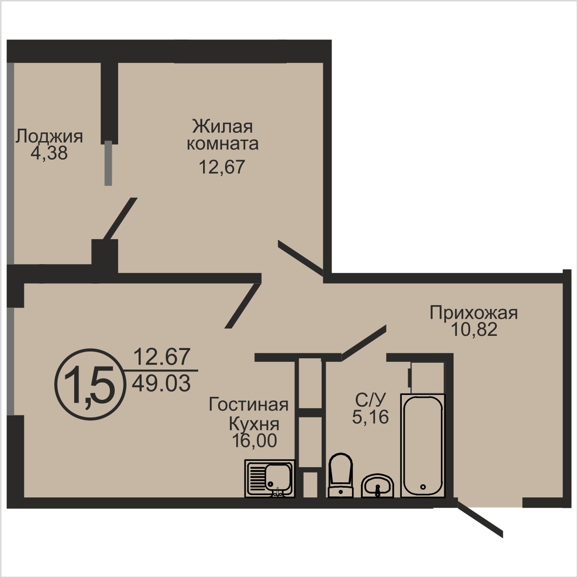 ЖК «Капитал», 1-комнатная квартира, 49 м², 18/18 эт., ул Пролетарская, 2