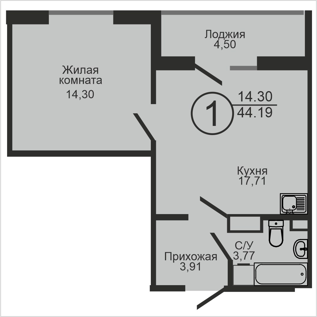 ЖК «Капитал», 1-комнатная квартира, 44,2 м², 18/18 эт., ул Пролетарская, 2