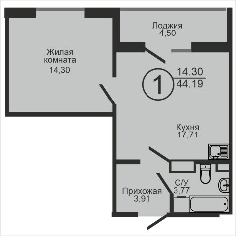 ЖК «Капитал», 1-комнатная квартира, 44,2 м², 18/18 эт., ул Пролетарская, 2