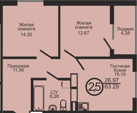ЖК «Капитал», 2-комнатная квартира, 63,3 м², 18/18 эт., ул Пролетарская, 2