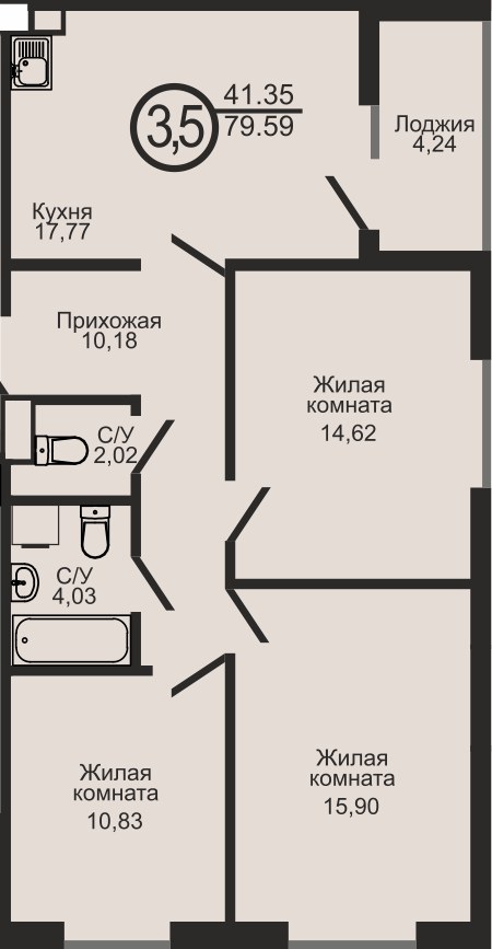 ЖК «Капитал», 3-комнатная квартира, 79,6 м², 18/18 эт., ул Пролетарская, 2
