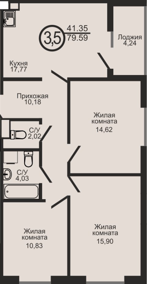 ЖК «Капитал», 3-комнатная квартира, 79,6 м², 18/18 эт., ул Пролетарская, 2