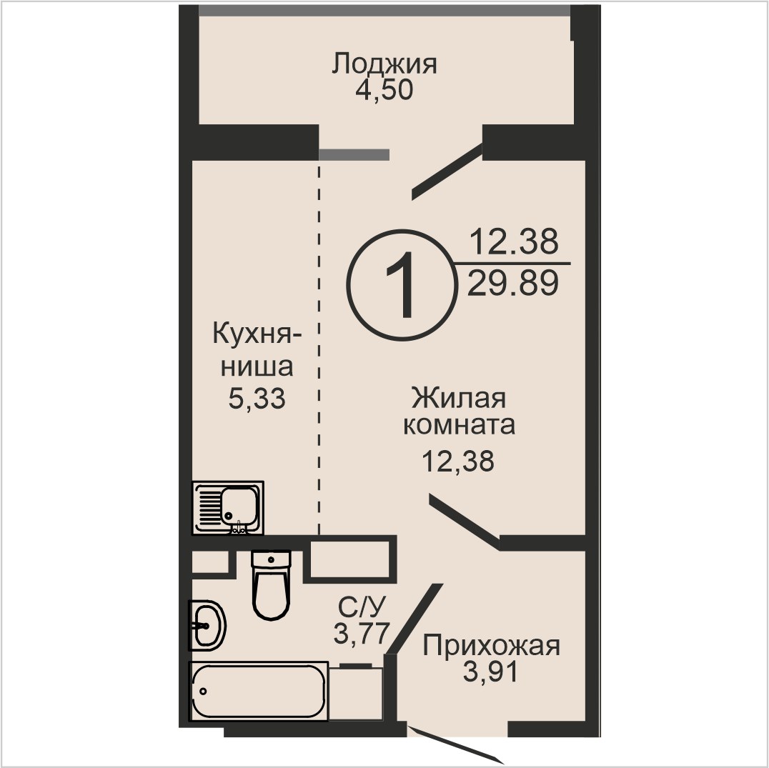 ЖК «Капитал», 1-комнатная квартира, 29,9 м², 16/18 эт., ул Пролетарская, 2