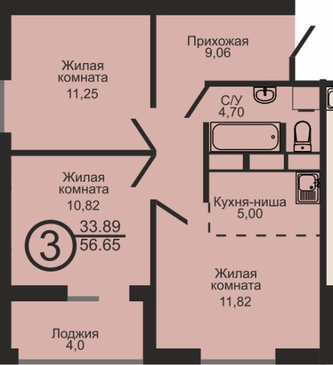 ЖК «Капитал», 2-комнатная квартира, 56,7 м², 1/18 эт., ул Пролетарская, 1