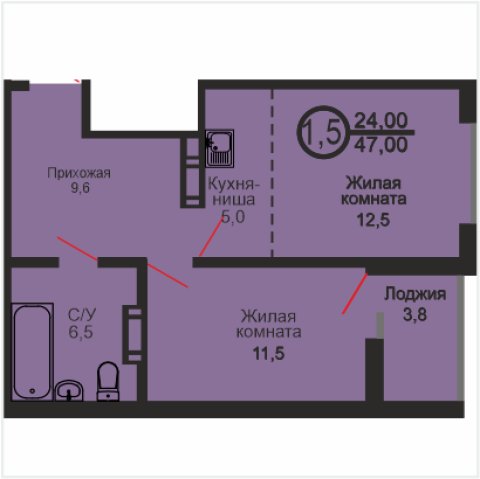 ЖК «Дубки», 1-комнатная квартира, 47 м², 9/17 эт., ул Эссена, 20