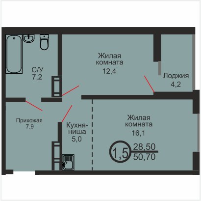 ЖК «Дубки», 1-комнатная квартира, 50,7 м², 10/17 эт., ул Эссена, 20
