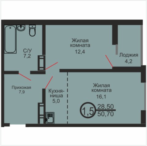 ЖК «Дубки», 1-комнатная квартира, 50,7 м², 10/17 эт., ул Эссена, 20