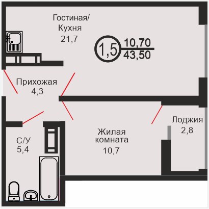 ЖК «Дубки», 1-комнатная квартира, 43,5 м², 1/17 эт., ул Эссена, 20