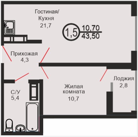 ЖК «Дубки», 1-комнатная квартира, 43,5 м², 1/17 эт., ул Эссена, 20
