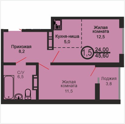 ЖК «Дубки», 1-комнатная квартира, 45,6 м², 17/17 эт., ул Эссена, 20