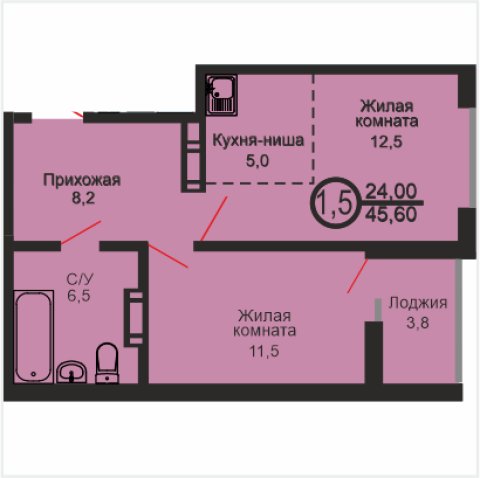 ЖК «Дубки», 1-комнатная квартира, 45,6 м², 17/17 эт., ул Эссена, 20