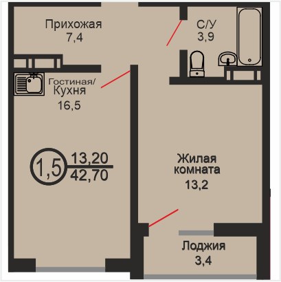 ЖК «Дубки», 1-комнатная квартира, 42,7 м², 15/17 эт., ул Эссена, 20