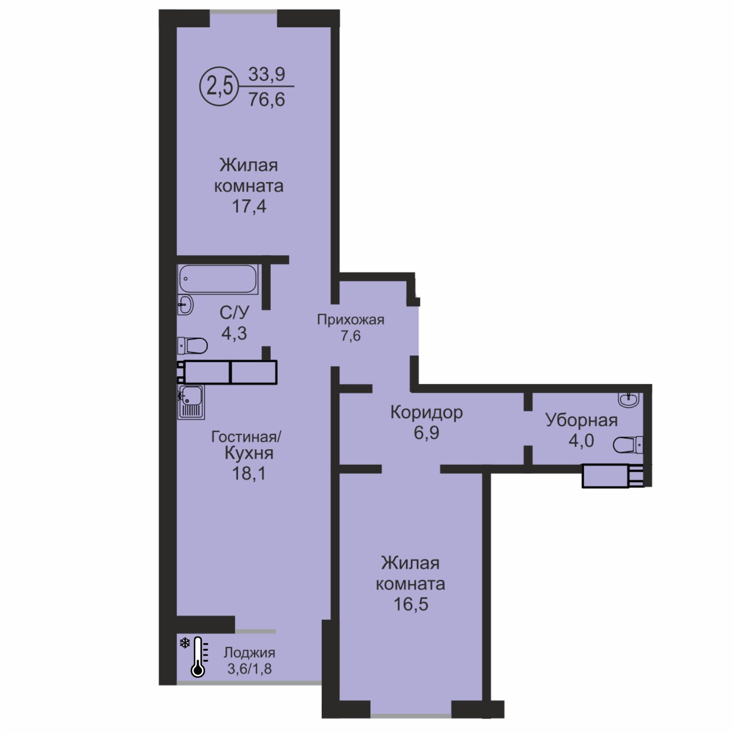 ЖК «Дубки», 2-комнатная квартира, 76,6 м², 13/17 эт., ул Эссена, 25