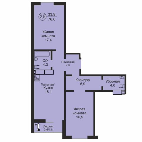 ЖК «Дубки», 2-комнатная квартира, 76,6 м², 13/17 эт., ул Эссена, 25