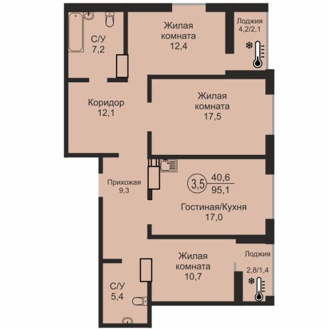 ЖК «Дубки», 3-комнатная квартира, 95,1 м², 14/17 эт., ул Эссена, 25
