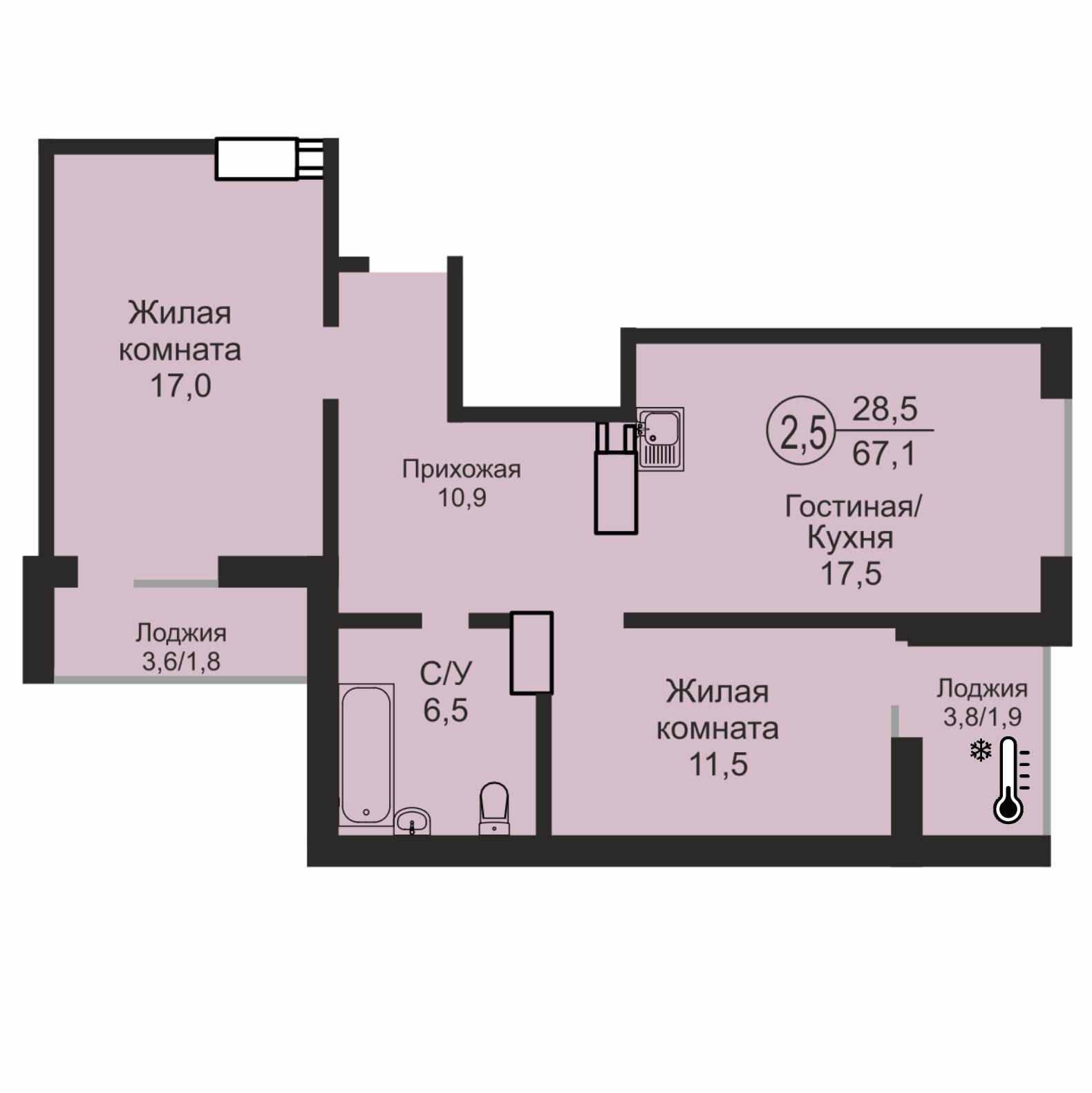 ЖК «Дубки», 2-комнатная квартира, 67,1 м², 14/17 эт., ул Эссена, 25