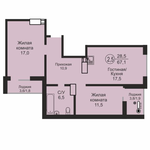ЖК «Дубки», 2-комнатная квартира, 67,1 м², 14/17 эт., ул Эссена, 25