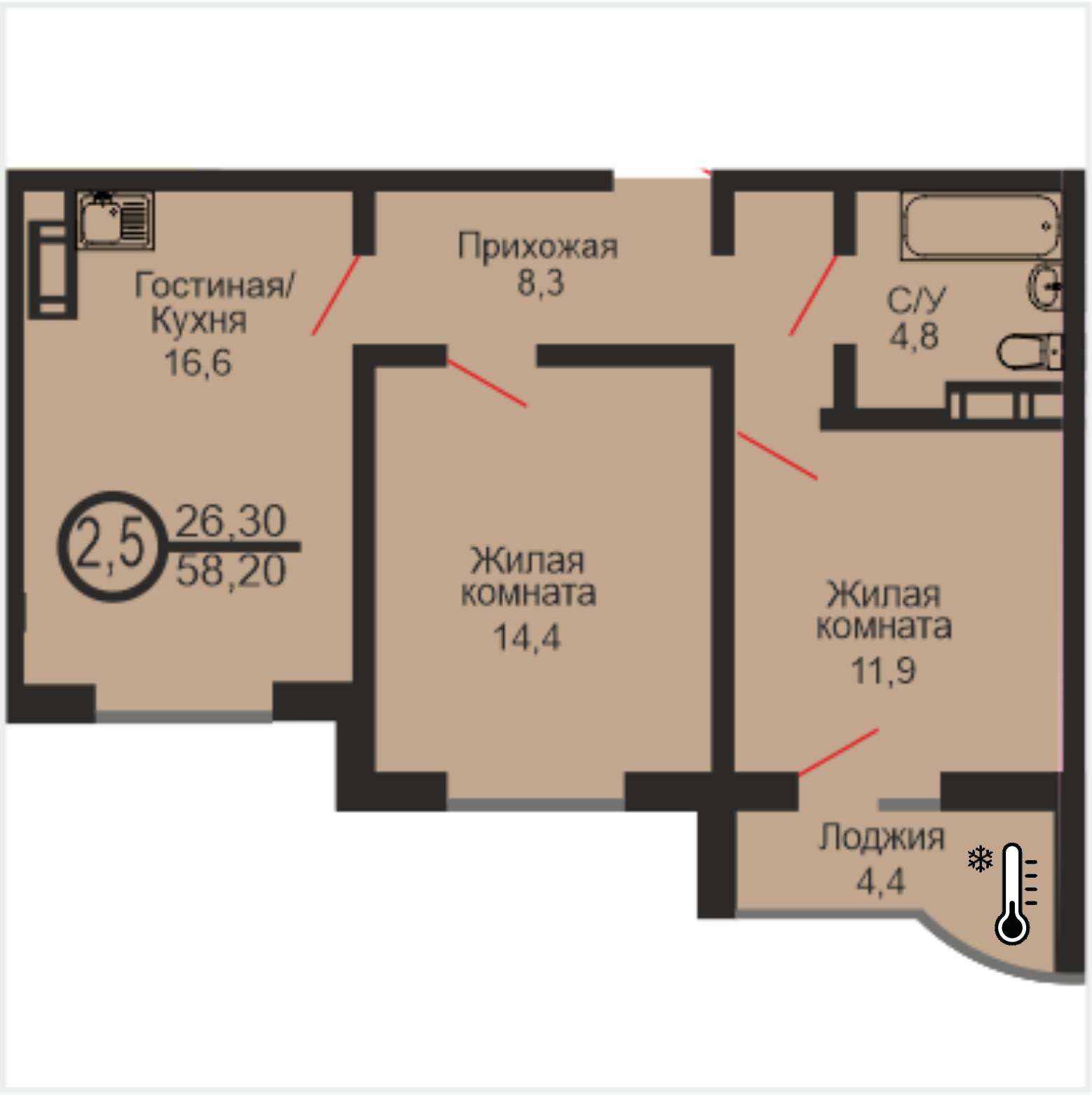 ЖК «Дубки», 2-комнатная квартира, 58,2 м², 8/17 эт., ул Эссена, 25