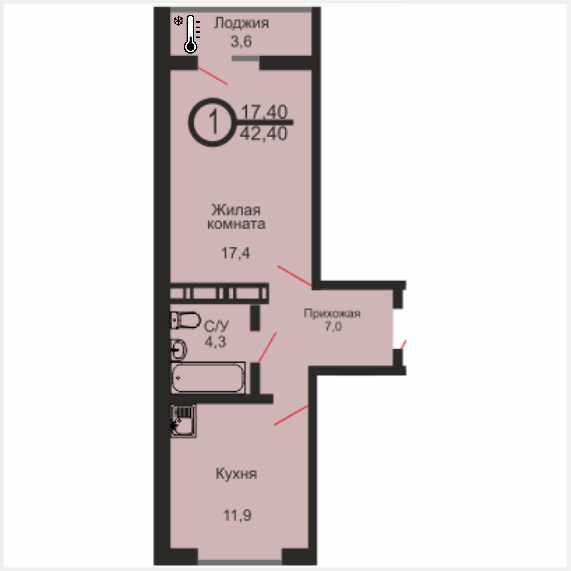 ЖК «Дубки», 1-комнатная квартира, 42,4 м², 8/17 эт., ул Эссена, 25
