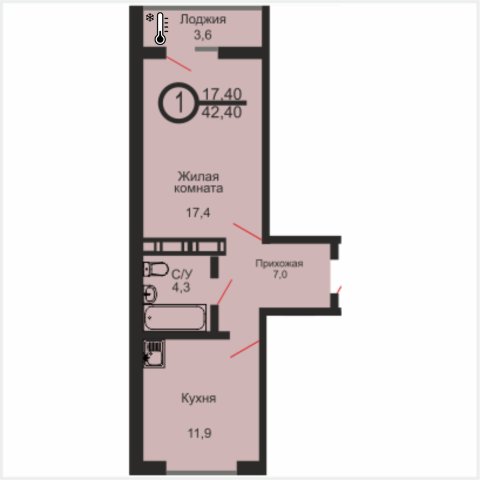 ЖК «Дубки», 1-комнатная квартира, 42,4 м², 8/17 эт., ул Эссена, 25