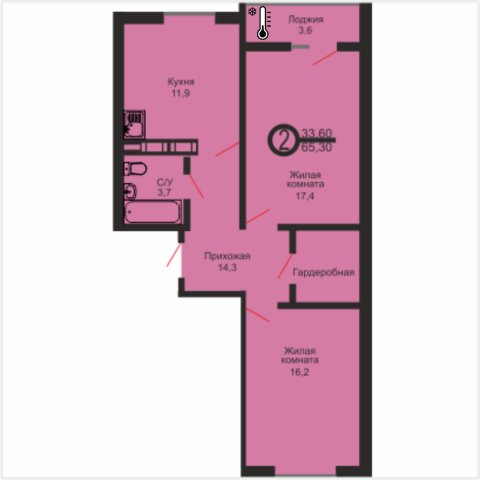 ЖК «Дубки», 2-комнатная квартира, 65,3 м², 1/17 эт., ул Эссена, 25
