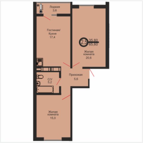 ЖК «Дубки», 2-комнатная квартира, 65,6 м², 1/17 эт., ул Эссена, 25