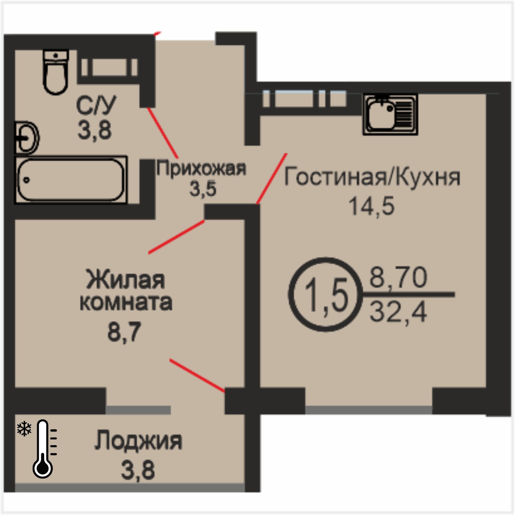 ЖК «Дубки», 1-комнатная квартира, 32,4 м², 11/17 эт., ул Эссена, 25