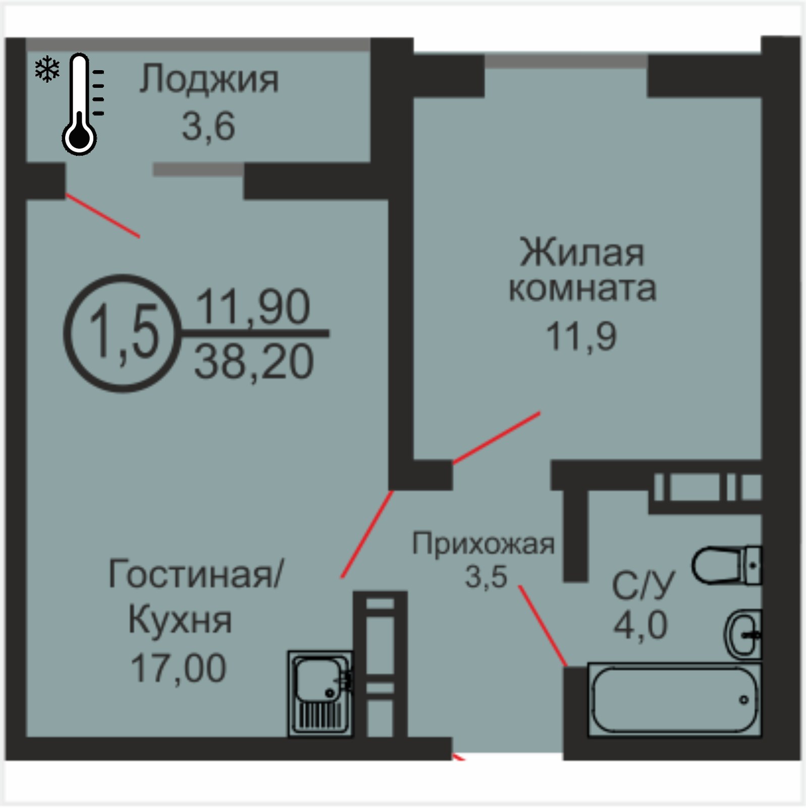 ЖК «Дубки», 1-комнатная квартира, 38,2 м², 13/17 эт., ул Эссена, 25