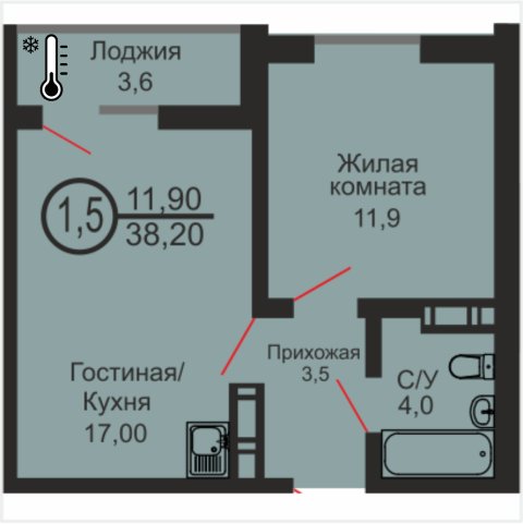 ЖК «Дубки», 1-комнатная квартира, 38,2 м², 13/17 эт., ул Эссена, 25