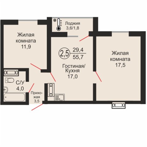ЖК «Дубки», 2-комнатная квартира, 55,7 м², 1/17 эт., ул Эссена, 25