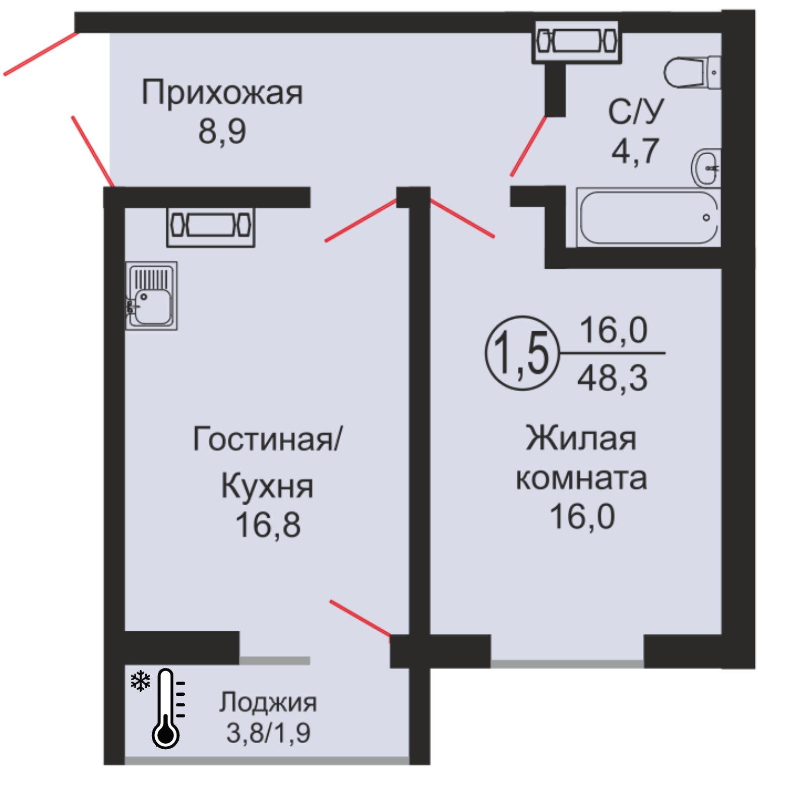 ЖК «Дубки», 1-комнатная квартира, 48,3 м², 1/17 эт., ул Эссена, 25