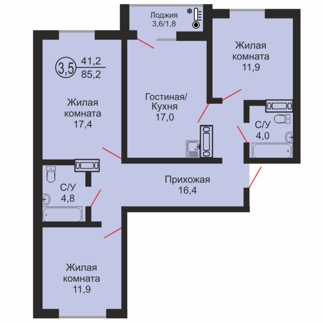 ЖК «Дубки», 3-комнатная квартира, 85,2 м², 1/17 эт., ул Эссена, 25