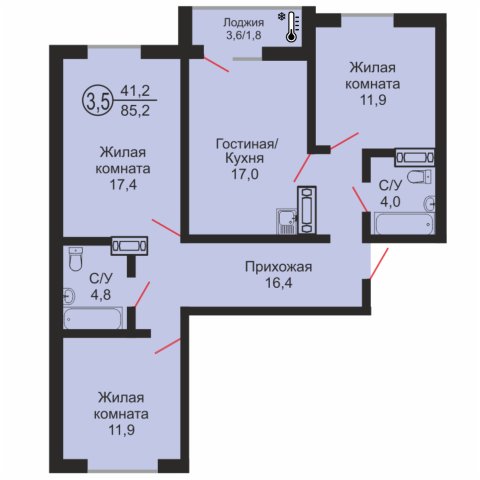 ЖК «Дубки», 3-комнатная квартира, 85,2 м², 1/17 эт., ул Эссена, 25