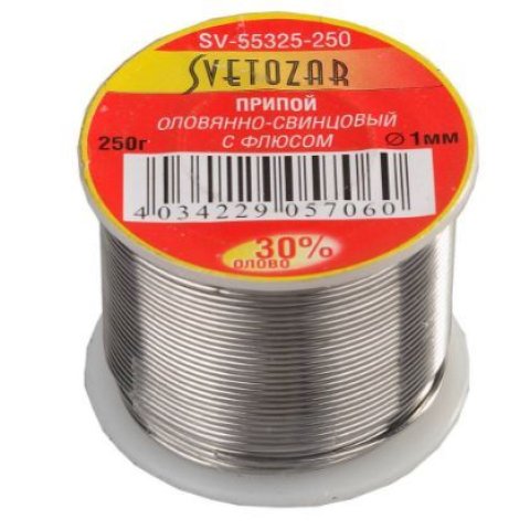 Припой ПОС 30, d=1мм, 250гр, трубка с флюсом, катушка, СВЕТОЗАР SV-55325-250