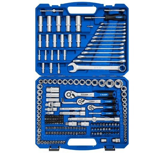 Торцовые головки 4-22мм 1/4" 1.2" 3.8", биты HEX TORX, ключи комбинированные 8-24мм 216 предм., ЗУБР