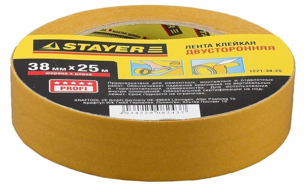 Лента 38ммх25м клейкая двусторонняя полипропилен основа, STAYER 1221-38-25