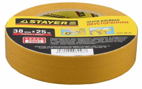 Лента 38ммх25м клейкая двусторонняя полипропилен основа, STAYER 1221-38-25